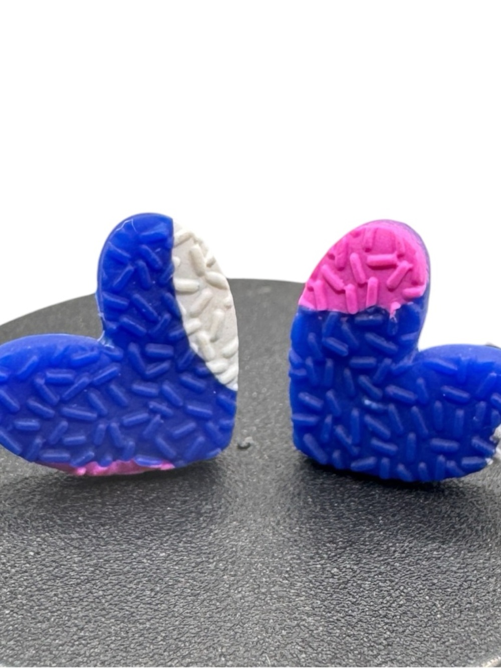 Handmade Blue Pink White Heart Stud Earrings - Textured Polymer Clay Jewelry New